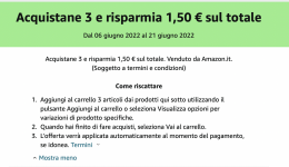 Amazon: acquista 3 prodotti alimentari e risparmia 1,50 Euro sul totale